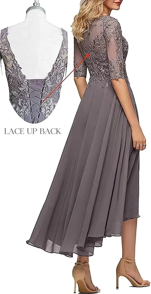 Lace Applique Mother of The Bride Dresses for Wedding Tea Length Half Sleeve Beaded Chiffon Formal Evening Dress with Pockets
