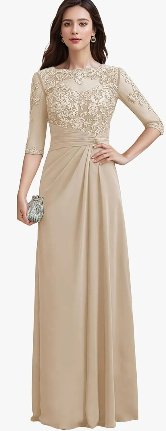 Lace Appliques Mother of The Bride Dresses with Sleeves Ruffles Chiffon Formal Evening Dress for Women