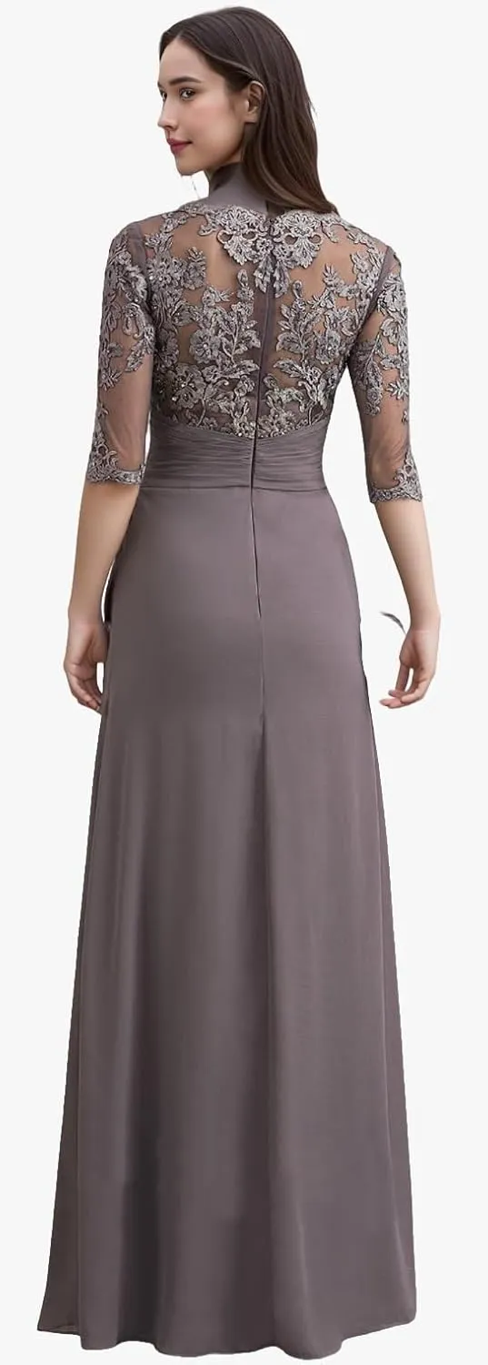 Lace Appliques Mother of The Bride Dresses with Sleeves Ruffles Chiffon Formal Evening Dress for Women