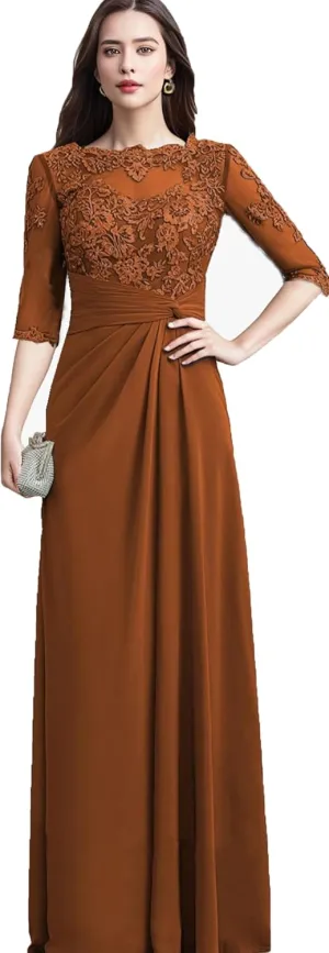 Lace Appliques Mother of The Bride Dresses with Sleeves Ruffles Chiffon Formal Evening Dress for Women