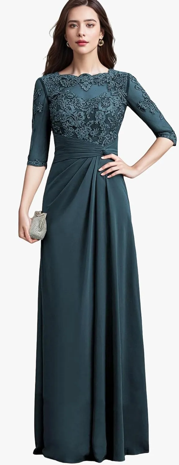 Lace Appliques Mother of The Bride Dresses with Sleeves Ruffles Chiffon Formal Evening Dress for Women