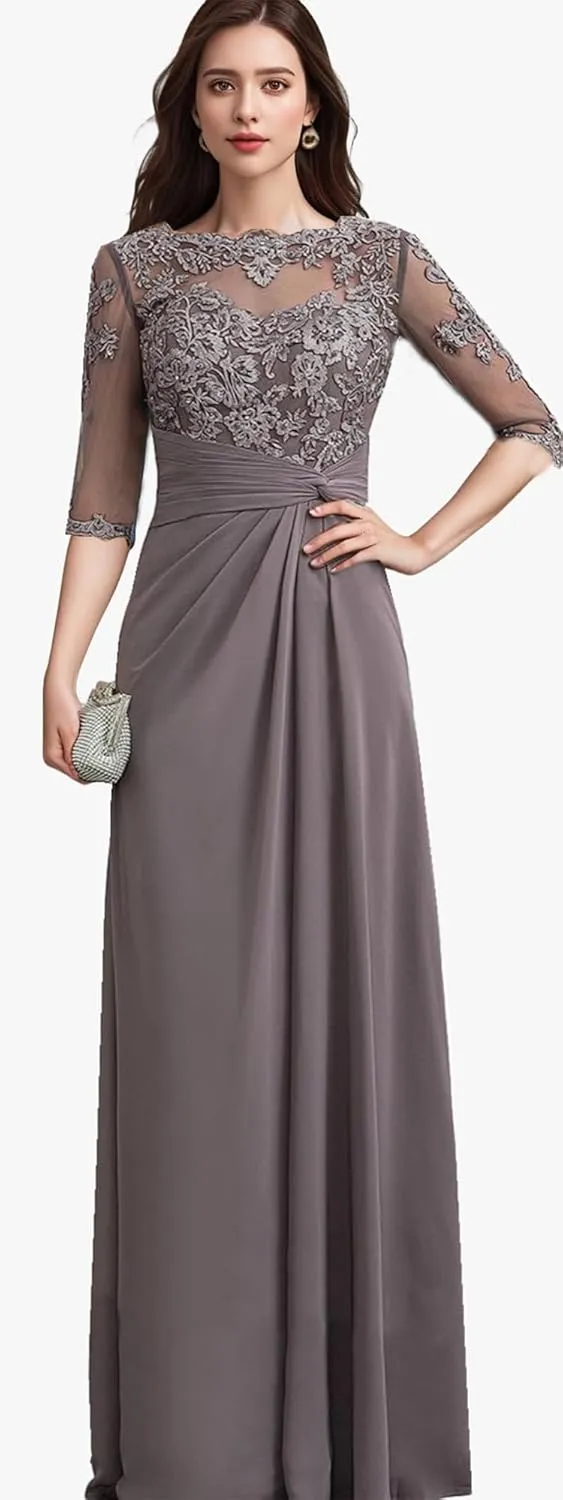 Lace Appliques Mother of The Bride Dresses with Sleeves Ruffles Chiffon Formal Evening Dress for Women