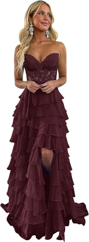 Lace Strapless Corset Prom Dresses 2025 Tiered Ball Gown Ruffle Chiffon Formal Evening Dress with Slit