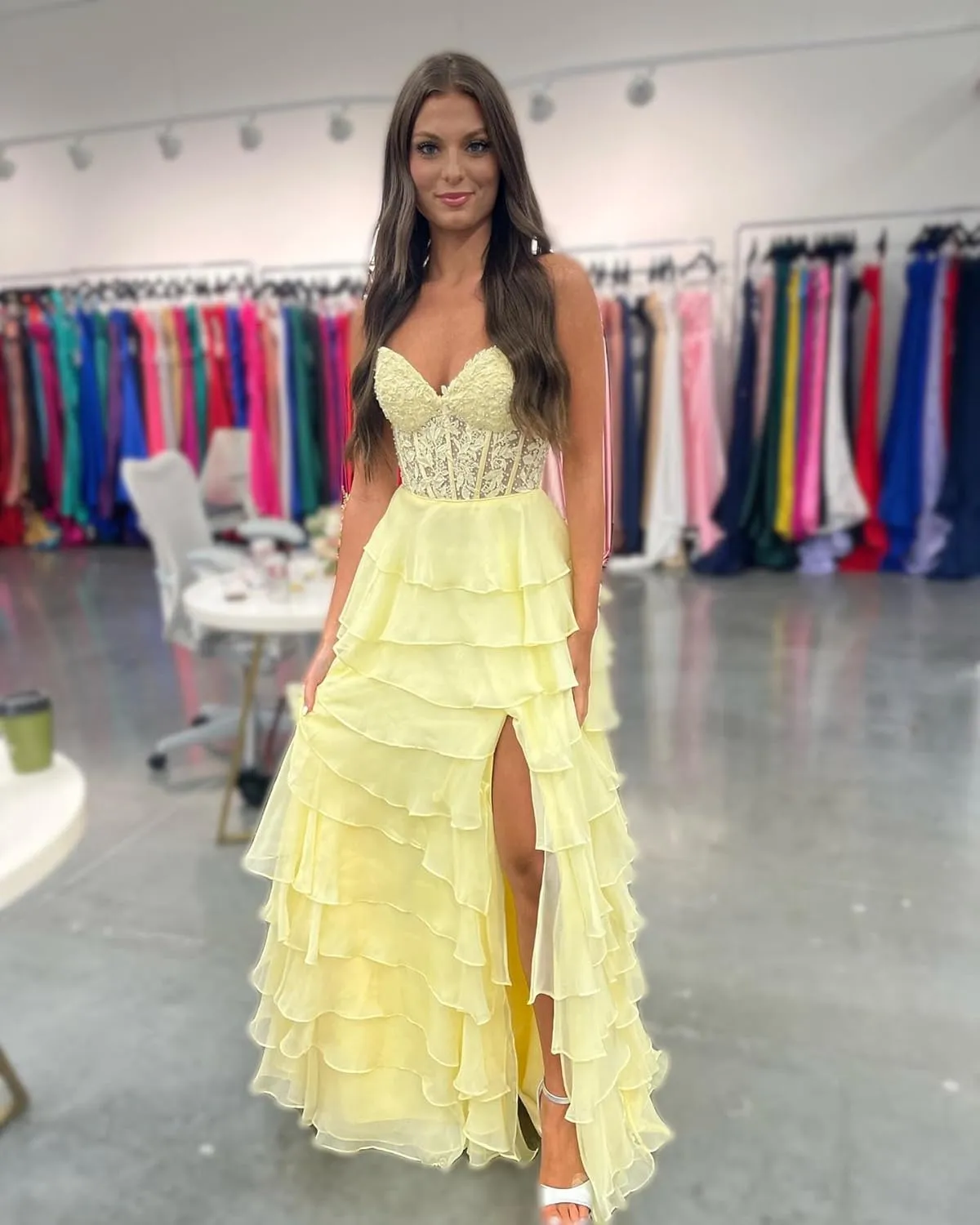 Lace Strapless Corset Prom Dresses 2025 Tiered Ball Gown Ruffle Chiffon Formal Evening Dress with Slit