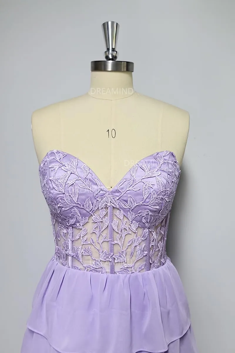 Lace Strapless Corset Prom Dresses 2025 Tiered Ball Gown Ruffle Chiffon Formal Evening Dress with Slit