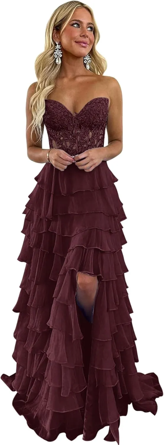 Lace Strapless Corset Prom Dresses 2025 Tiered Ball Gown Ruffle Chiffon Formal Evening Dress with Slit