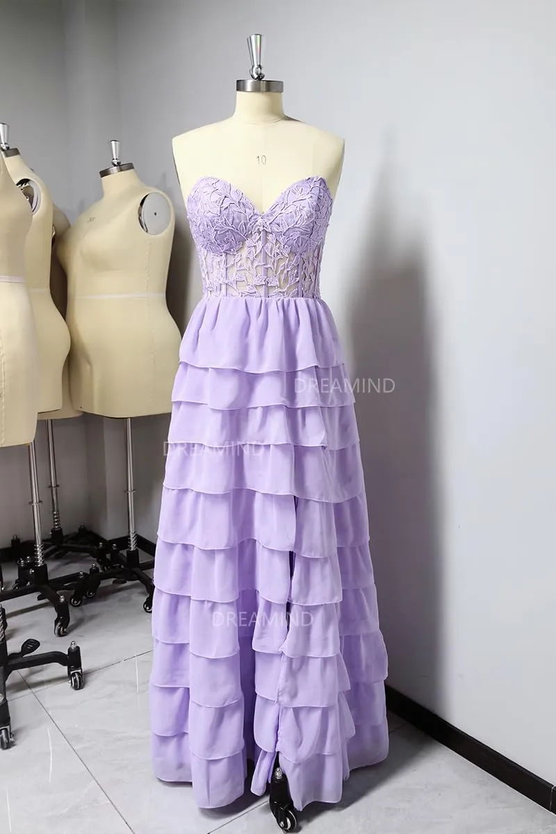 Lace Strapless Corset Prom Dresses 2025 Tiered Ball Gown Ruffle Chiffon Formal Evening Dress with Slit