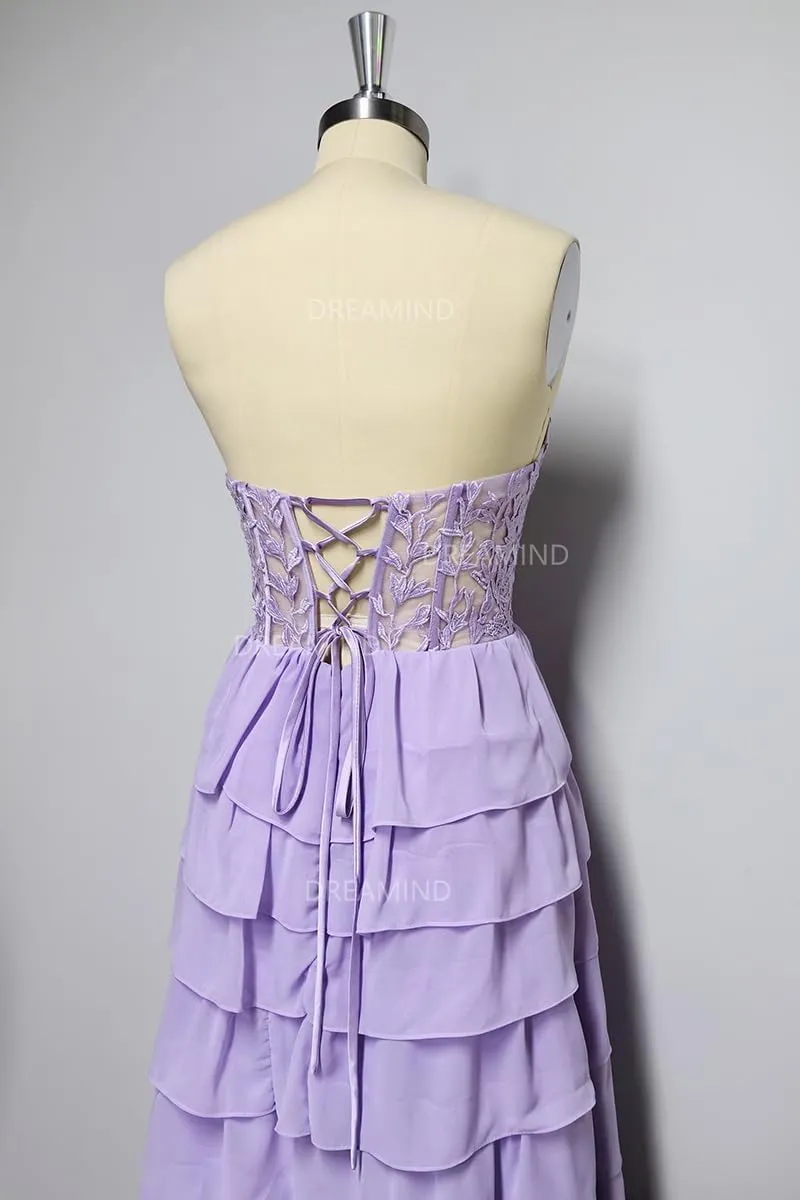 Lace Strapless Corset Prom Dresses 2025 Tiered Ball Gown Ruffle Chiffon Formal Evening Dress with Slit
