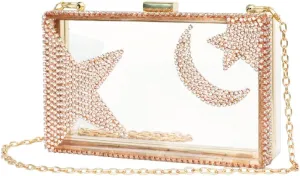 Ladies Clear Acrylic Moon and Star Rhinestone Chain Bag Sparkly Transparant Clutch Purse for Women Evening
