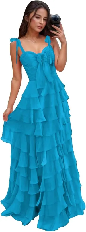 Layered Tiered Prom Dresses 2025 with Bow Spaghetti Straps Evening Gown for Women Formal Chiffon Long Ball Gown