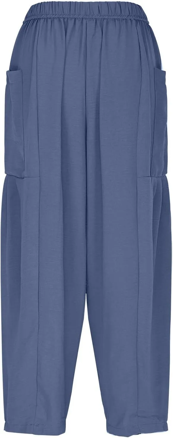 Linen Pants for Women Drawstring Elastic Waist Palazzo Harem Pants Ladies Casual Wide Leg Trousers with Side Pockets