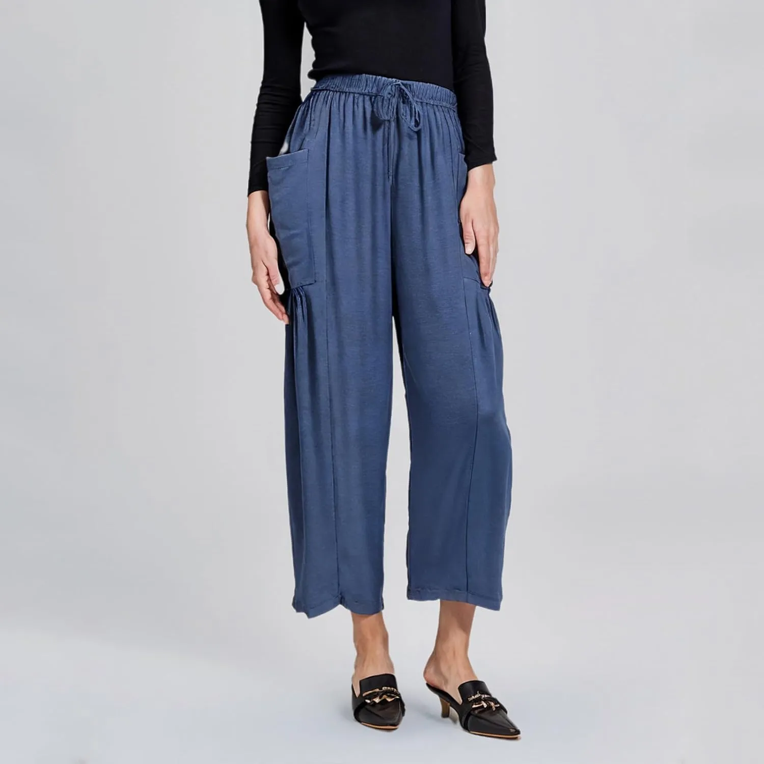 Linen Pants for Women Drawstring Elastic Waist Palazzo Harem Pants Ladies Casual Wide Leg Trousers with Side Pockets