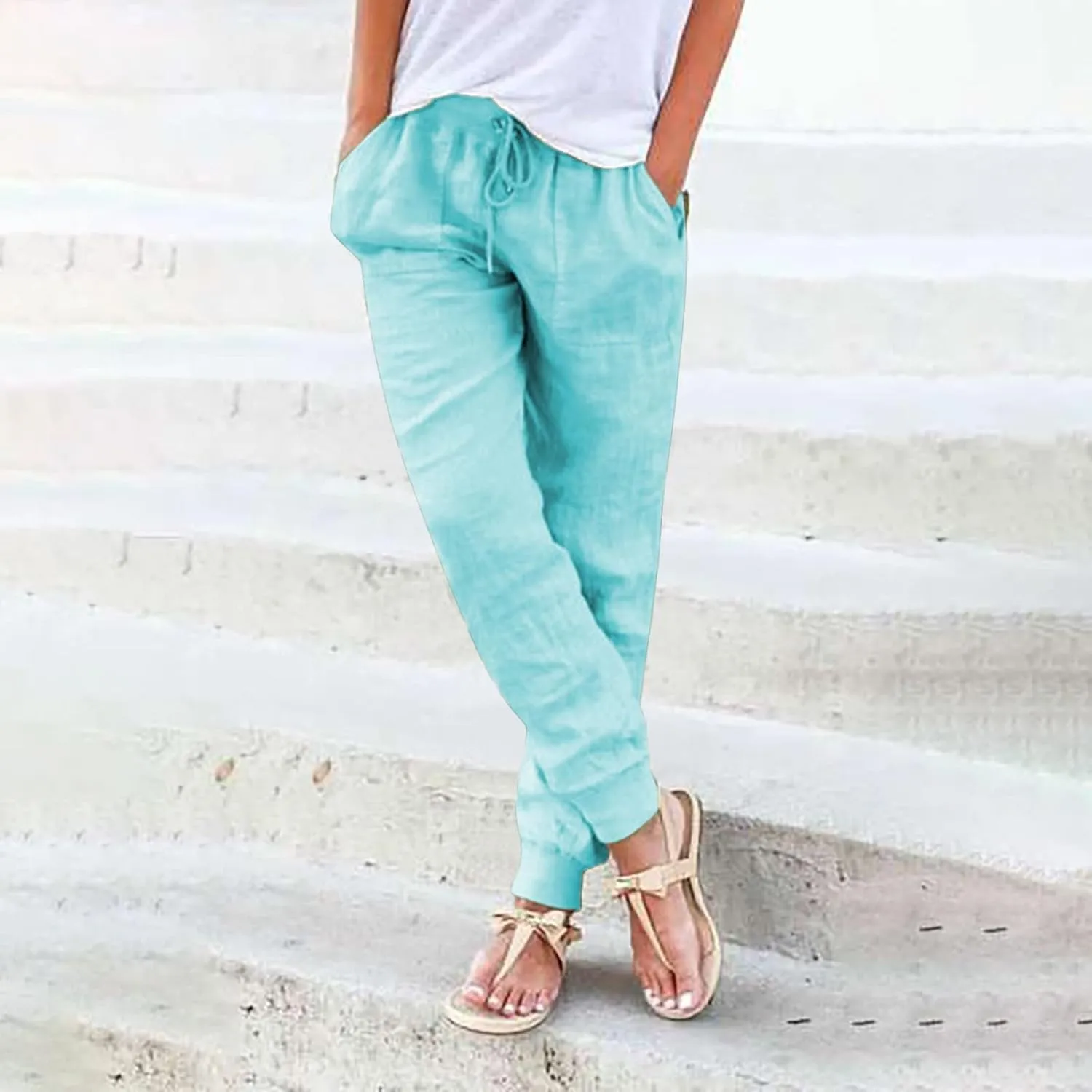 Linen Pants Women Loose Fit Summer Casual Solid Color Boho Plus Size High Waist Linen Pants Plus Size Trousers with Pockets