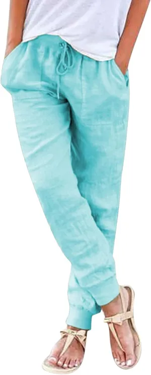 Linen Pants Women Loose Fit Summer Casual Solid Color Boho Plus Size High Waist Linen Pants Plus Size Trousers with Pockets