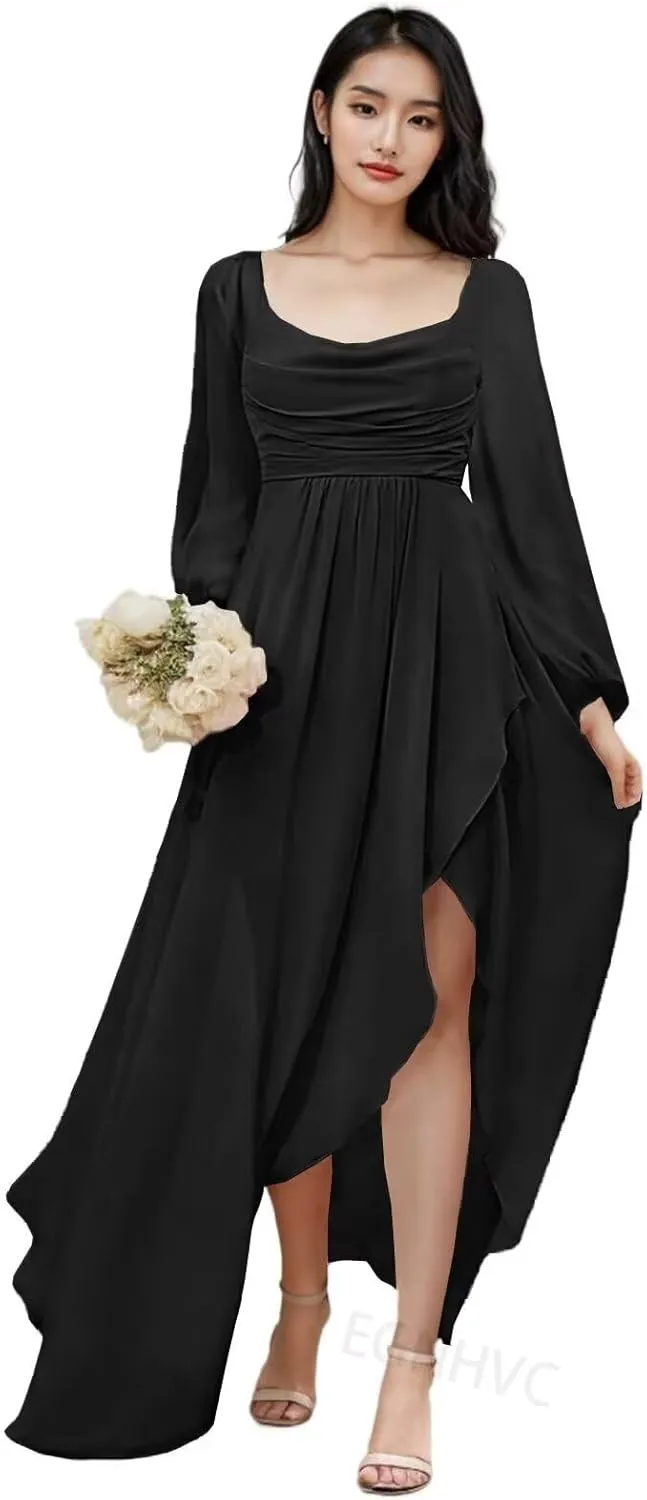 Long Sleeve Bridesmaid Dresses with Slit Chiffon Cowl Neck Formal Dress for Women Wedding Guest