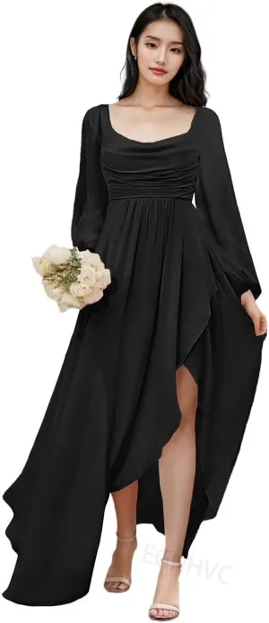 Long Sleeve Bridesmaid Dresses with Slit Chiffon Cowl Neck Formal Dress for Women Wedding Guest