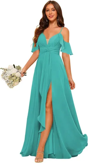 Loyeloy Women's Bridesmaid Dresses with Slit 2025 Ruched Waist Chiffon Aline Ruffles Formal Party Dress with Pockets
