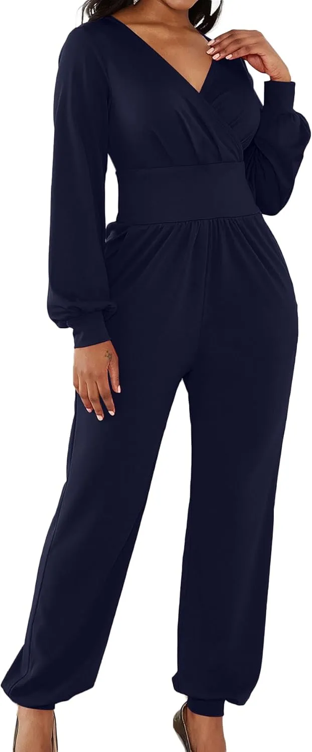LYANER Women's Deep V Neck Long Sleeve Wrap Front Jumpsuit Pant Cocktail Party Romper