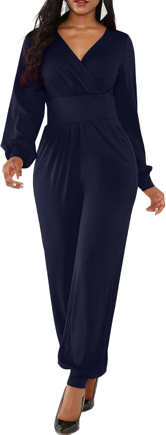 LYANER Women's Deep V Neck Long Sleeve Wrap Front Jumpsuit Pant Cocktail Party Romper