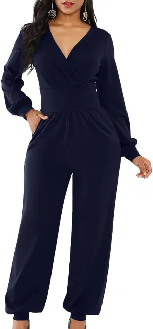 LYANER Women's Deep V Neck Long Sleeve Wrap Front Jumpsuit Pant Cocktail Party Romper