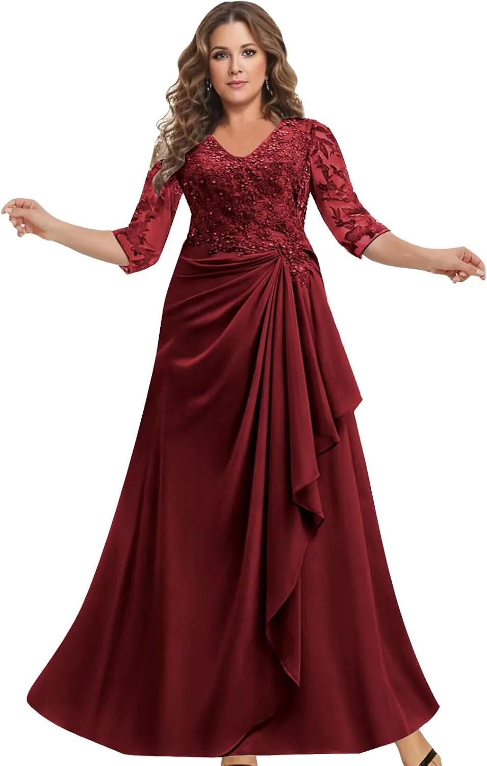 MAGGCIF Lace Mother of The Bride Dresses with 3/4 Sleeves Chiffon Ruffle Beaded Long Evening Formal Wedding Guest Dress