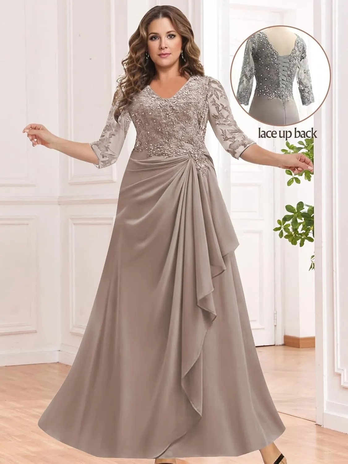 MAGGCIF Lace Mother of The Bride Dresses with 3/4 Sleeves Chiffon Ruffle Beaded Long Evening Formal Wedding Guest Dress