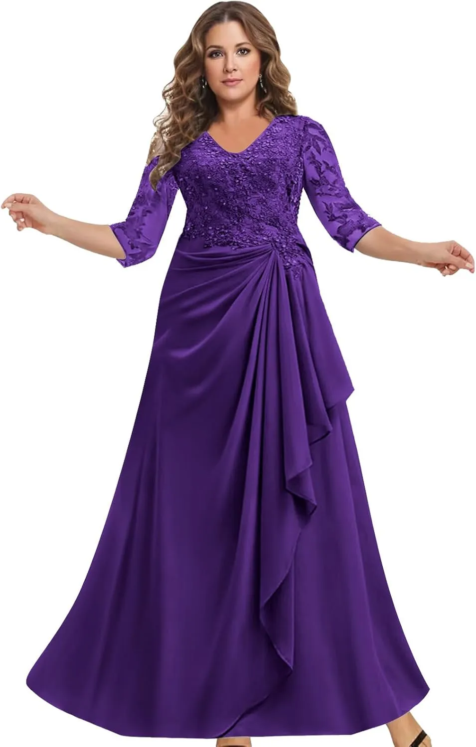 MAGGCIF Lace Mother of The Bride Dresses with 3/4 Sleeves Chiffon Ruffle Beaded Long Evening Formal Wedding Guest Dress
