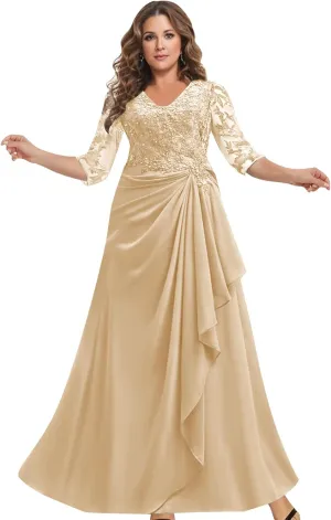 MAGGCIF Lace Mother of The Bride Dresses with 3/4 Sleeves Chiffon Ruffle Beaded Long Evening Formal Wedding Guest Dress