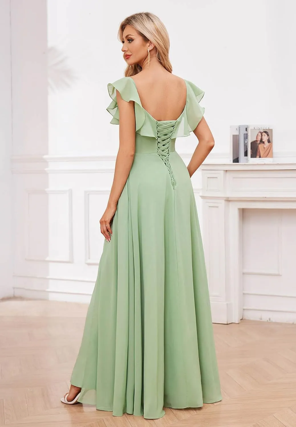 MAGGCIF V Neck Bridesmaid Dresses with Pockets Ruffle Sleeves Chiffon A Line Long Prom Dress Formal Evening Gowns