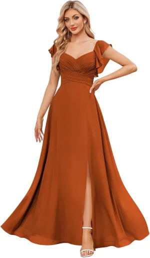 MAGGCIF V Neck Bridesmaid Dresses with Pockets Ruffle Sleeves Chiffon A Line Long Prom Dress Formal Evening Gowns