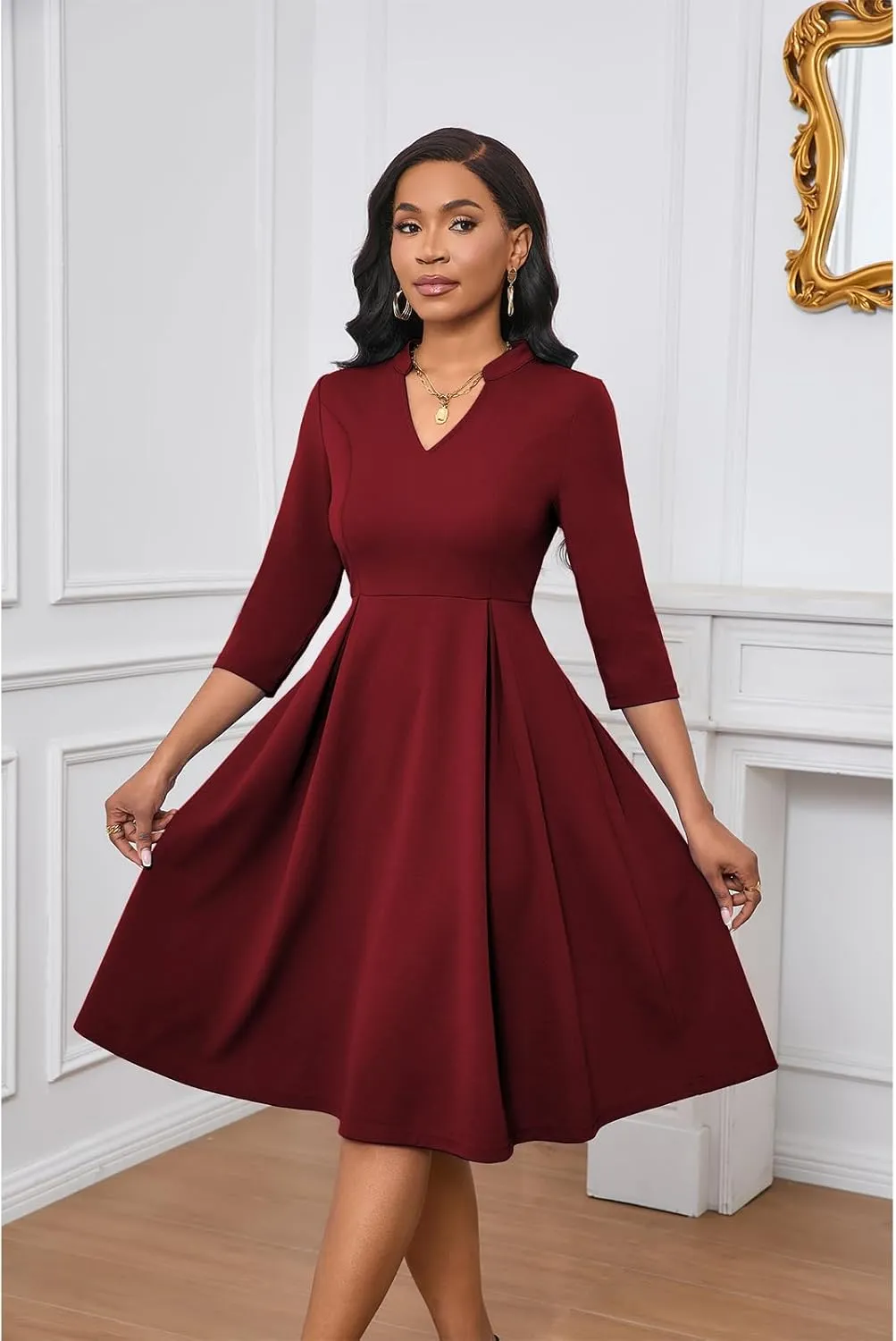 Max2co Midi Dresses for Women Semi Formal Fit and Flare A-Line Swing Dress 3/4 Sleeve Church Cocktail Dress with Pockets