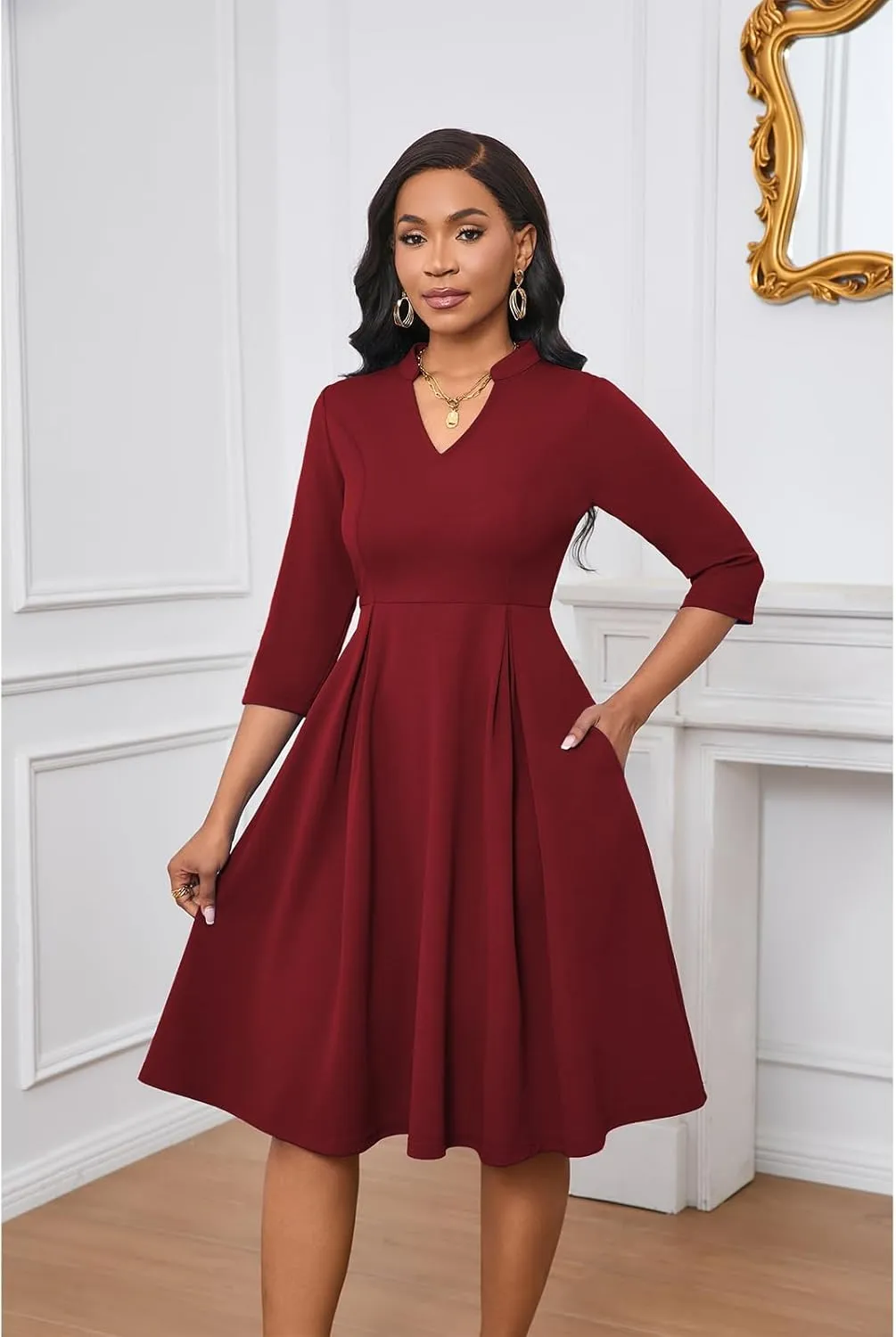 Max2co Midi Dresses for Women Semi Formal Fit and Flare A-Line Swing Dress 3/4 Sleeve Church Cocktail Dress with Pockets