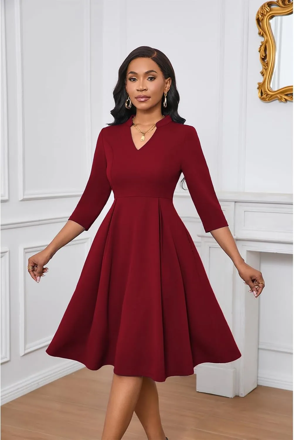 Max2co Midi Dresses for Women Semi Formal Fit and Flare A-Line Swing Dress 3/4 Sleeve Church Cocktail Dress with Pockets