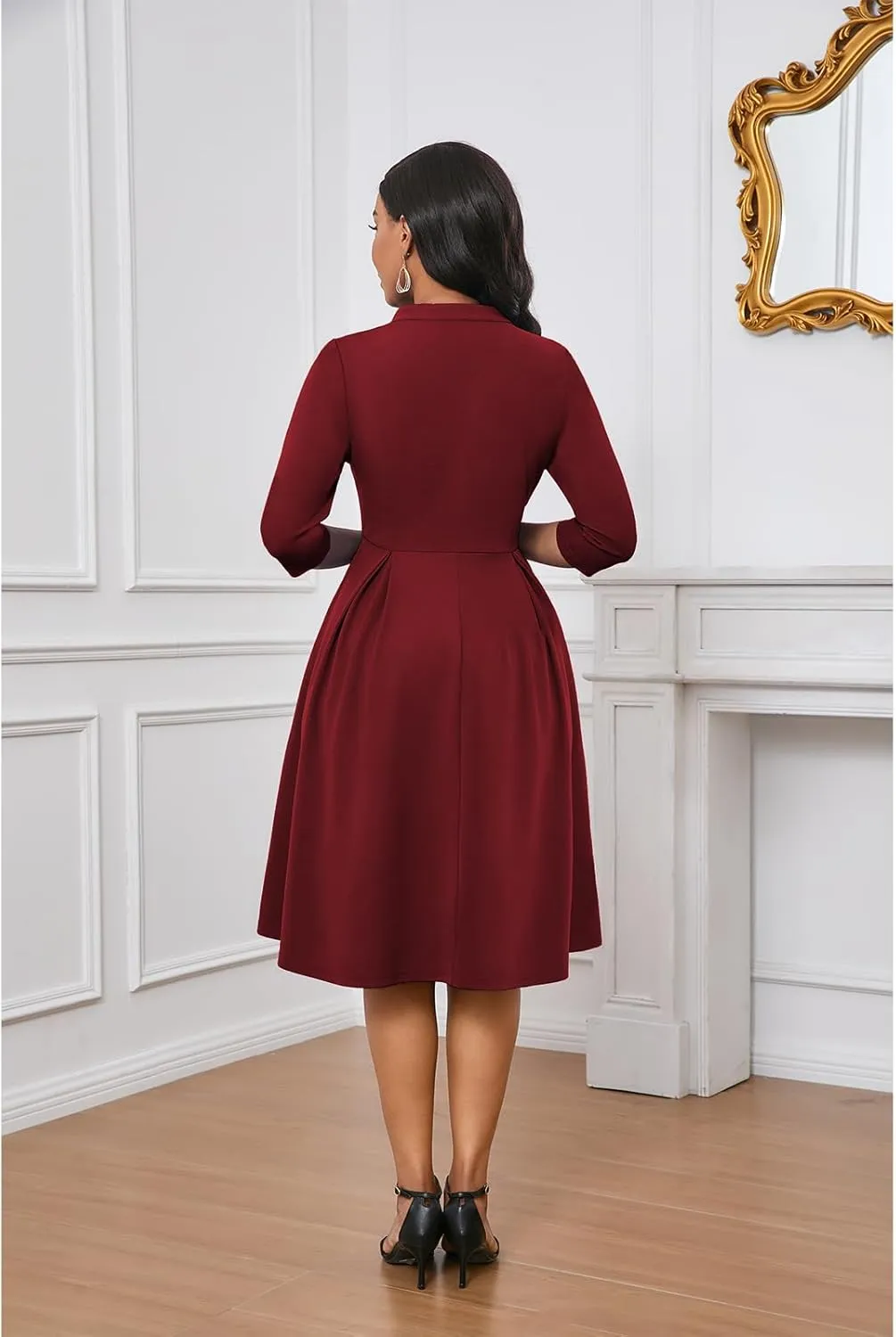 Max2co Midi Dresses for Women Semi Formal Fit and Flare A-Line Swing Dress 3/4 Sleeve Church Cocktail Dress with Pockets