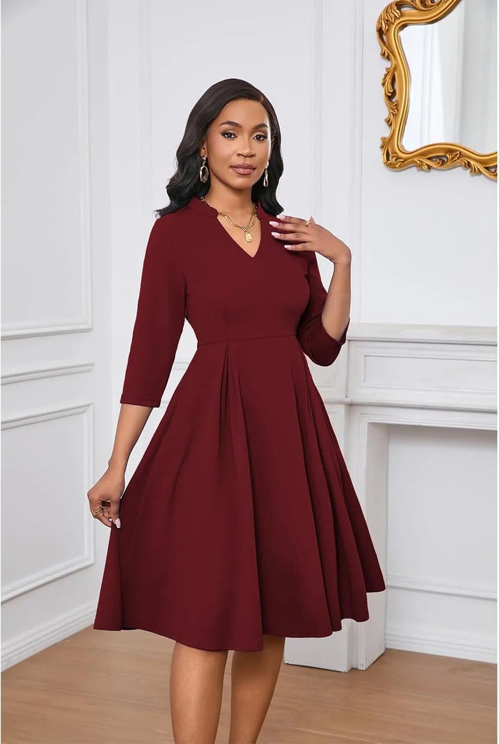 Max2co Midi Dresses for Women Semi Formal Fit and Flare A-Line Swing Dress 3/4 Sleeve Church Cocktail Dress with Pockets