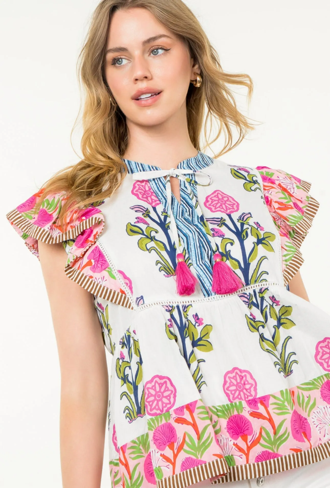Maxine Flutter Sleeve Print Tassel Tie Top
