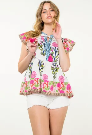 Maxine Flutter Sleeve Print Tassel Tie Top