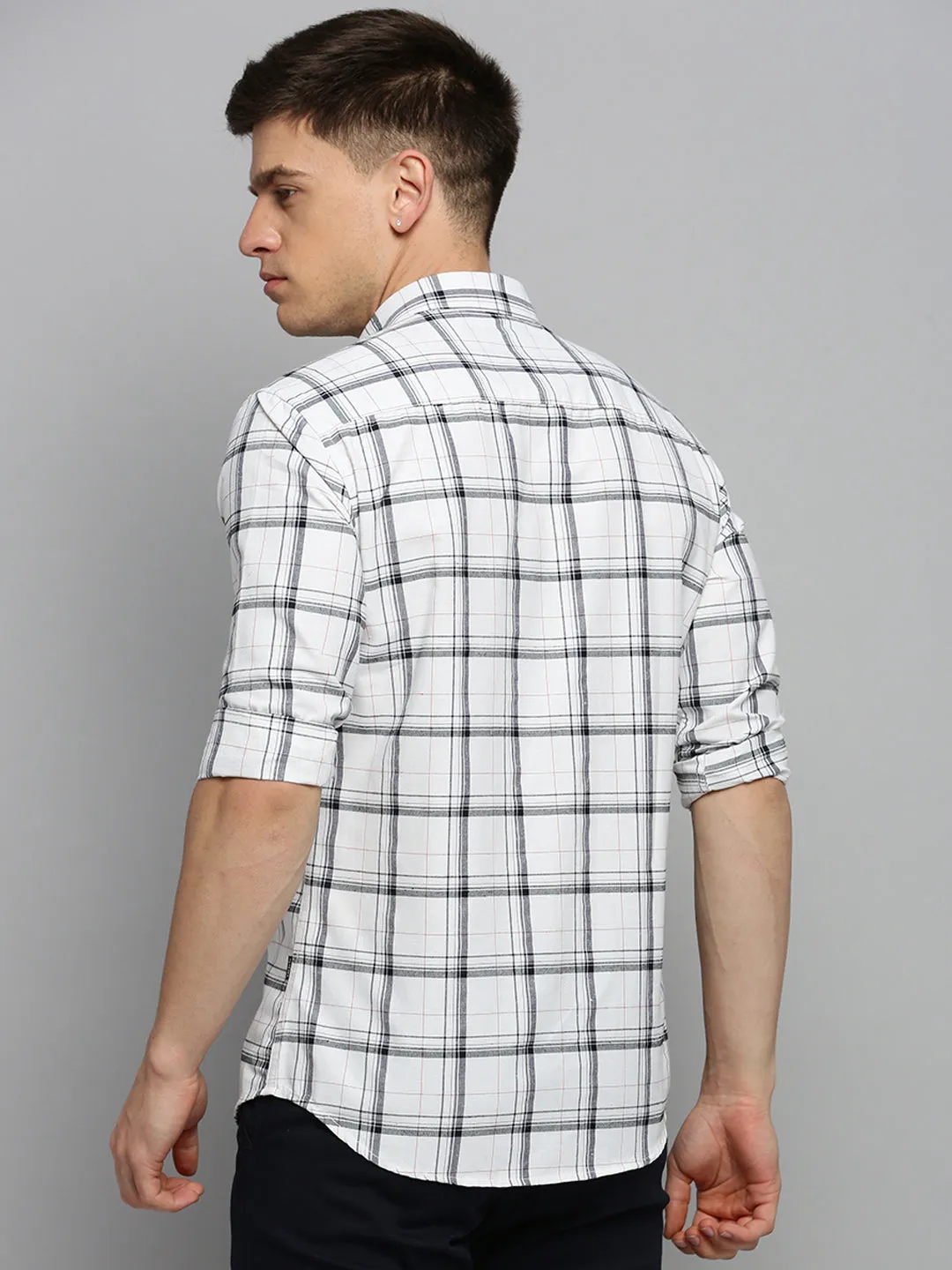 Men Off White Tartan Checks Cotton Casual Shirt