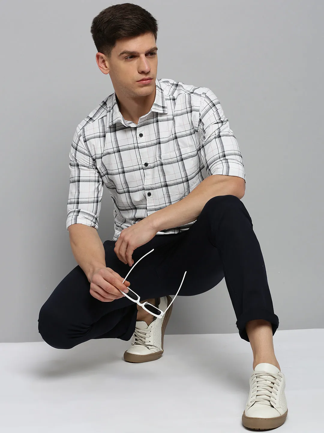 Men Off White Tartan Checks Cotton Casual Shirt