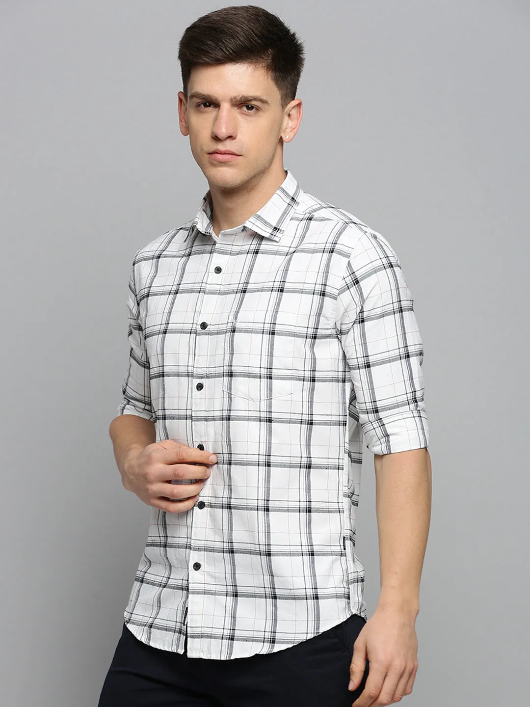 Men Off White Tartan Checks Cotton Casual Shirt