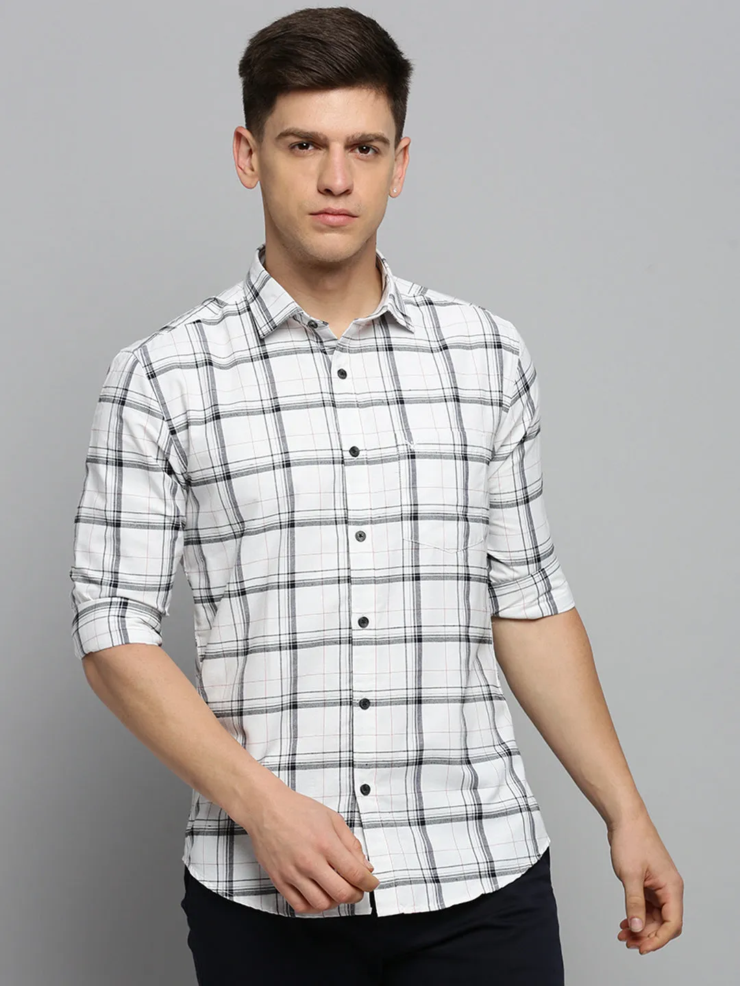 Men Off White Tartan Checks Cotton Casual Shirt