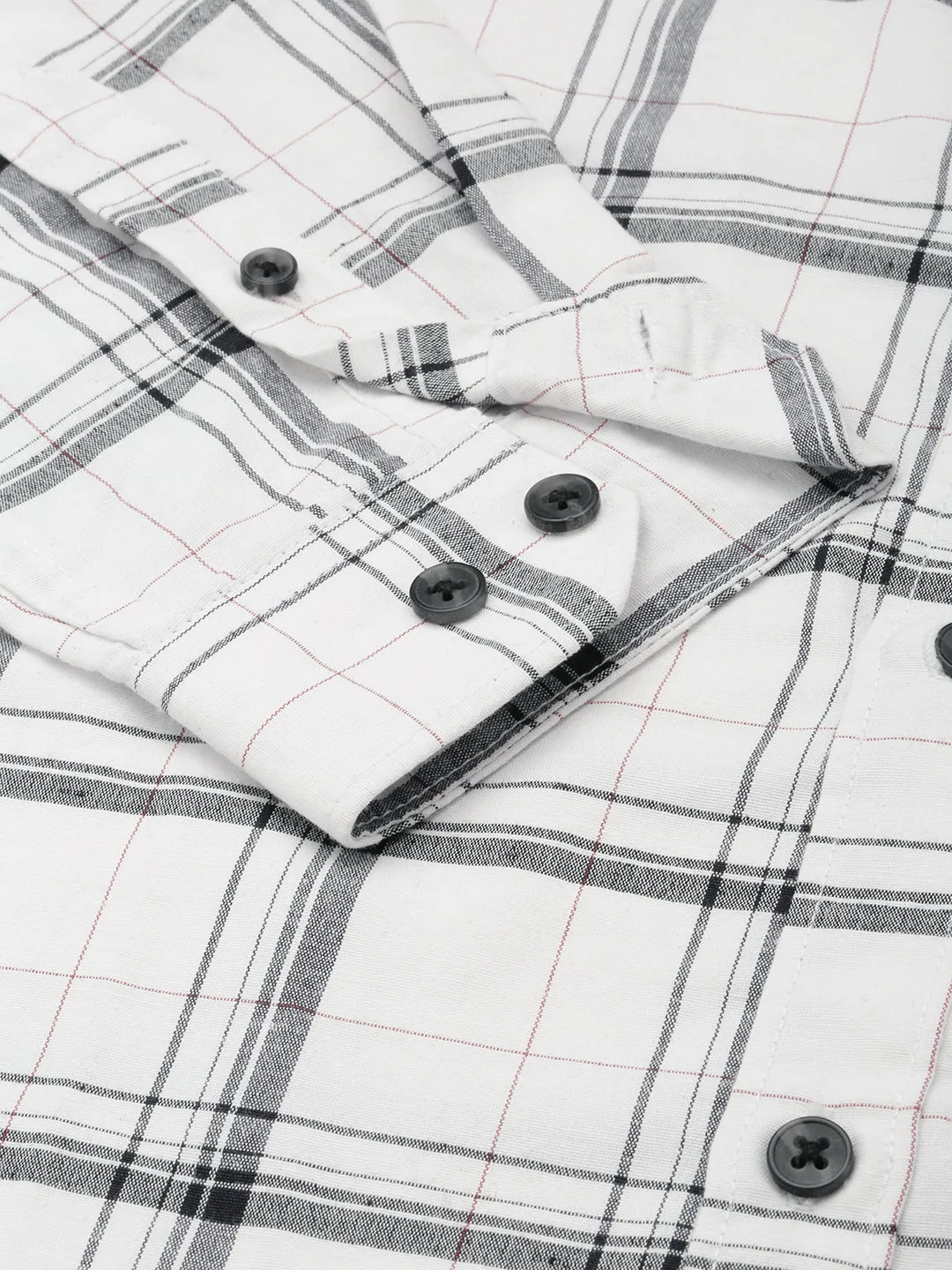 Men Off White Tartan Checks Cotton Casual Shirt