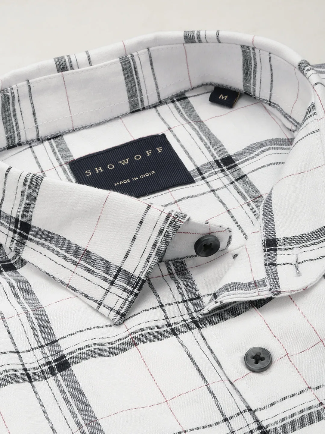 Men Off White Tartan Checks Cotton Casual Shirt