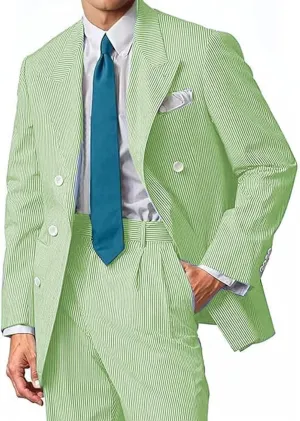Mens Suit Summer Seersucker 2 Piece Double Breasted Buckle Striped Tuxedos for Men Wedding Suits Cotton Beach Party