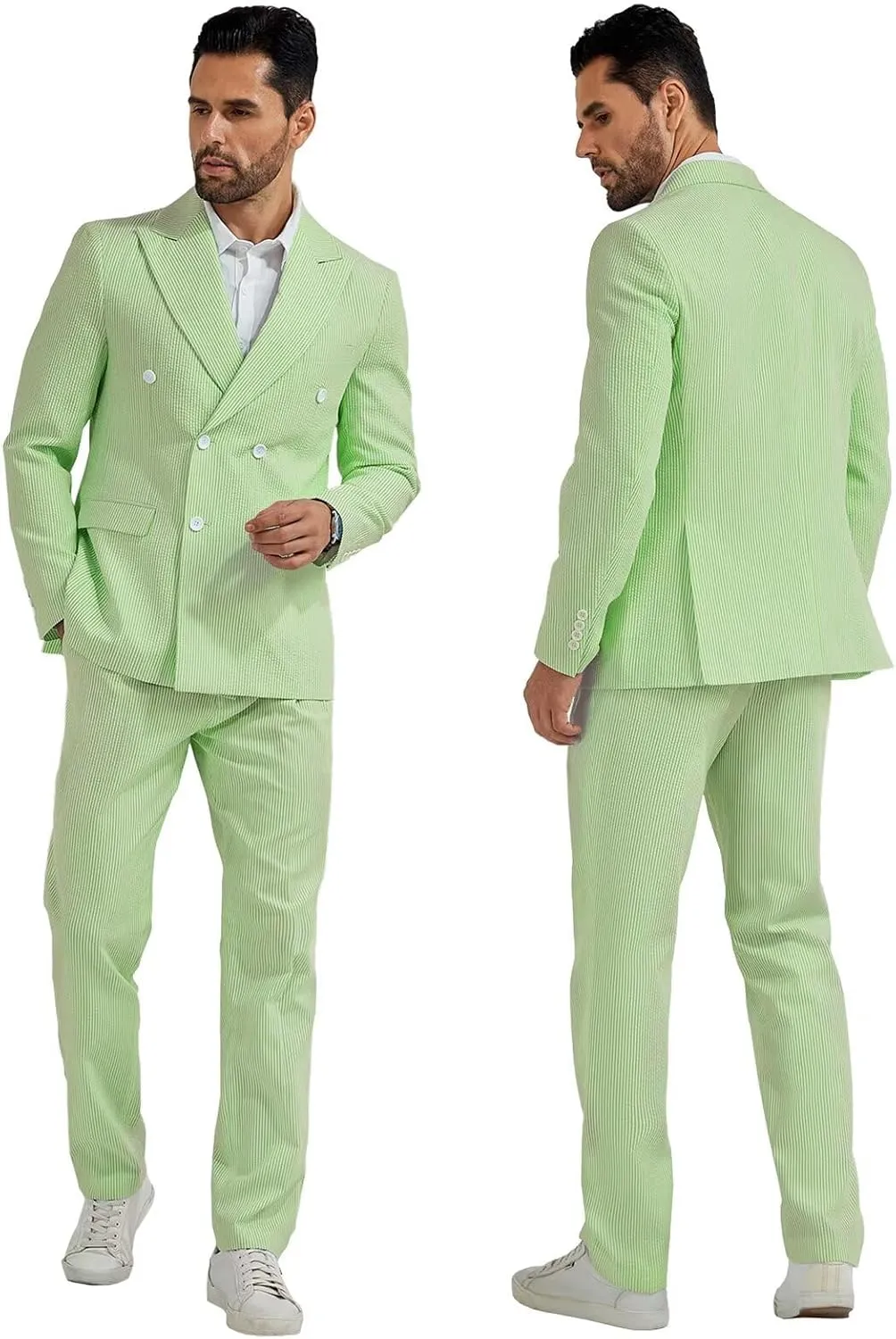 Mens Suit Summer Seersucker 2 Piece Double Breasted Buckle Striped Tuxedos for Men Wedding Suits Cotton Beach Party