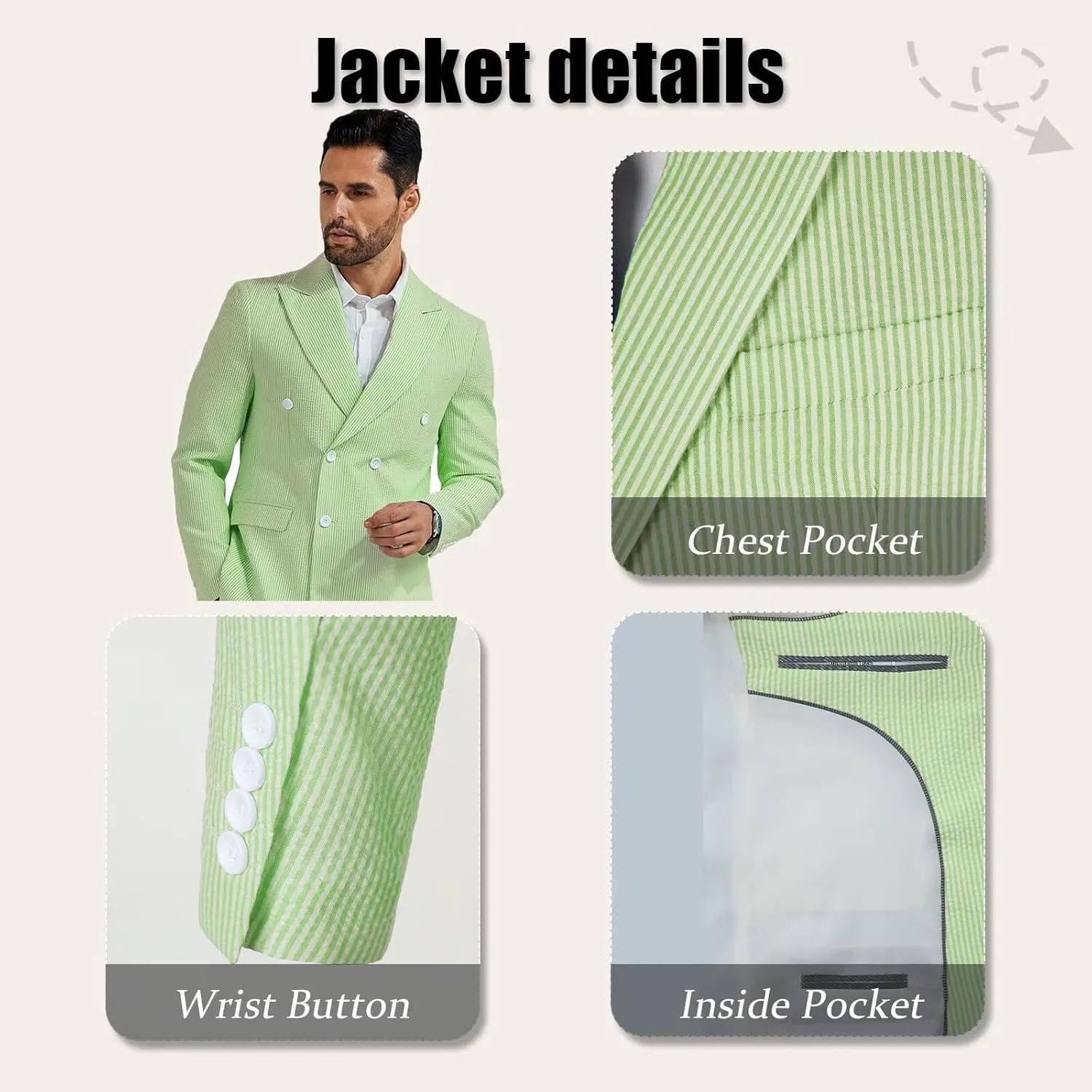 Mens Suit Summer Seersucker 2 Piece Double Breasted Buckle Striped Tuxedos for Men Wedding Suits Cotton Beach Party