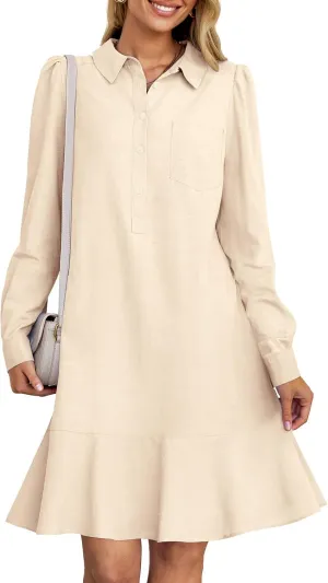 MEROKEETY Women's Casual Shirt Dress Long Sleeve Button Down Ruffle Flowy Tunic Shift Mini Dresses