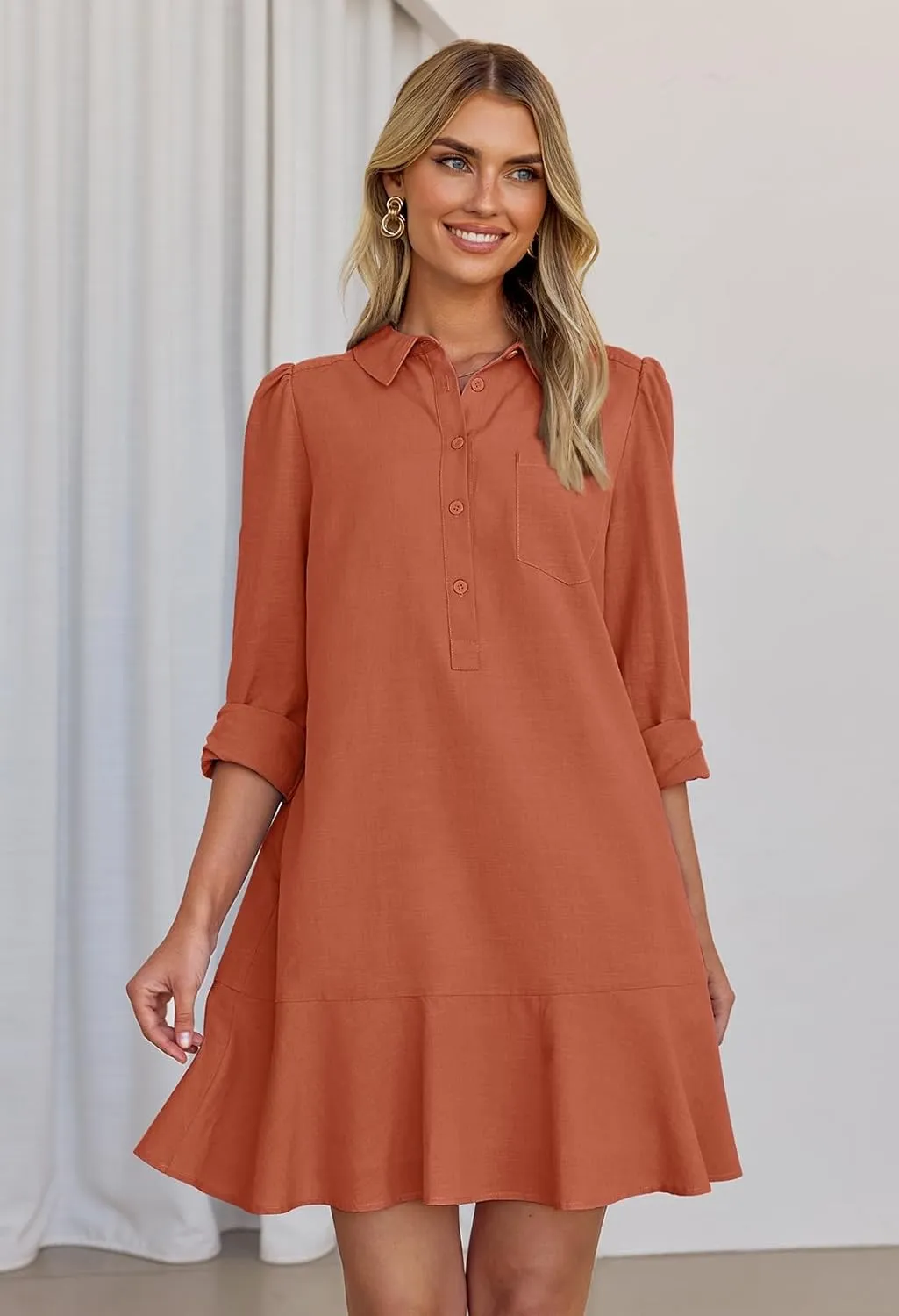 MEROKEETY Women's Casual Shirt Dress Long Sleeve Button Down Ruffle Flowy Tunic Shift Mini Dresses