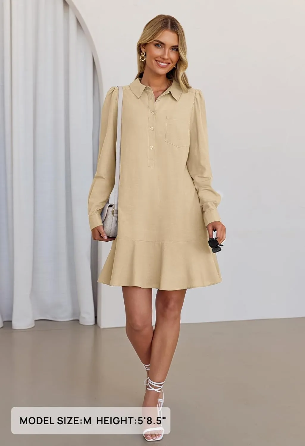 MEROKEETY Women's Casual Shirt Dress Long Sleeve Button Down Ruffle Flowy Tunic Shift Mini Dresses