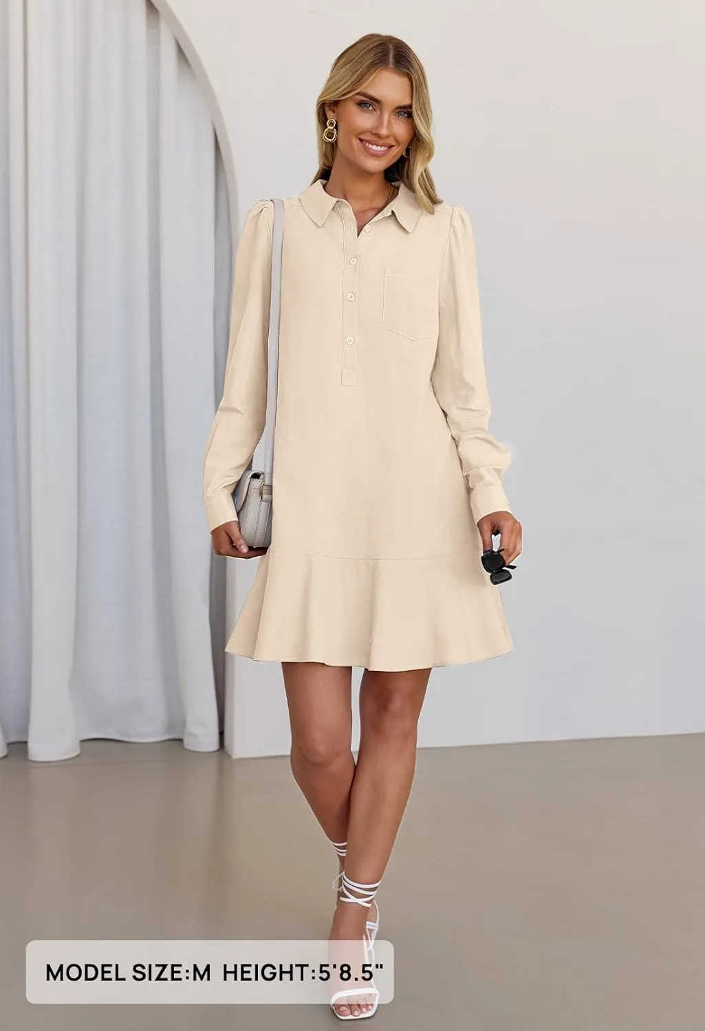 MEROKEETY Women's Casual Shirt Dress Long Sleeve Button Down Ruffle Flowy Tunic Shift Mini Dresses